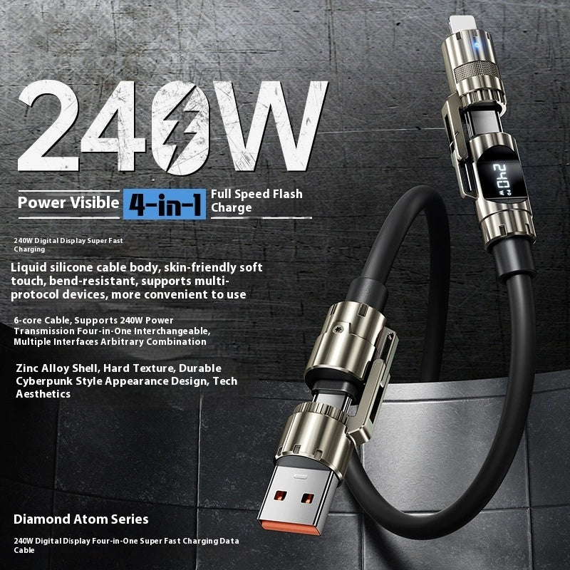240W 4-in-1 Silicone Fast Charging Cable: USB-C, Lightning, USB-A for iPhone & MacBook