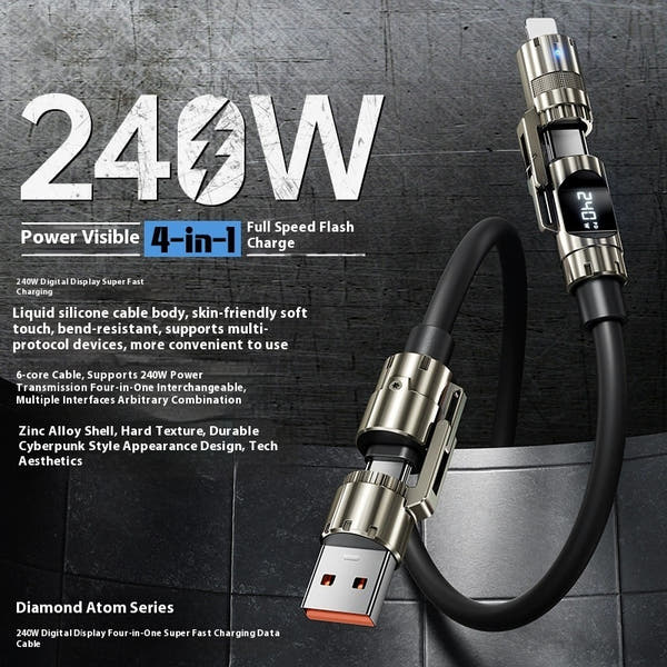 240W 4-in-1 Silicone Fast Charging Cable: USB-C, Lightning, USB-A for iPhone & MacBook