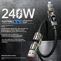 240W 4-in-1 Silicone Fast Charging Cable: USB-C, Lightning, USB-A for iPhone & MacBook